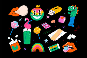 Abstract funny cute characters and elements from comics. Large set of colorful vector isolated illustrations. Cartoon style.  Poster cards and logo templates. Sugar intoxication and gums