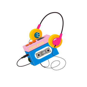 Radio cassette player. Retro vintage portable audio music device 1980s. Earphones or in-ear headphones attached. Isolated vector image in trendy vibrant colors. Nostalgic vibes.