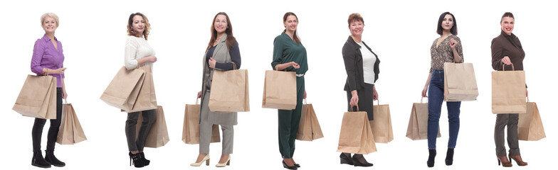 a line of people with shopping bags isolated