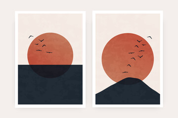 Abstract mountain landscape poster. Contemporary nature sun moon birds art print, boho minimalist wall decor. Vector set