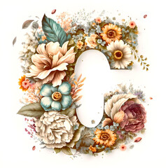 A watercolor letter "C" featuring intricate floral designs and delicate brushstrokes, capturing the essence of a flourishing garden in full bloom.