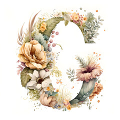 A watercolor letter "C" featuring intricate floral designs and delicate brushstrokes, capturing the essence of a flourishing garden in full bloom.