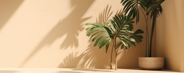 Biege-colored minimalist, soft shadows from plants, wide horizontal, product presentation,  interior background, Wall Art Mockup, 3D rendered,  product presentation-themed, JPG. Generative AI
