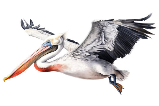 an isolated Pelican in flight, Coastal shores, Ocean air, Wildlife-themed, photorealistic illustration on a transparent background cutout in PNG. generative Ai