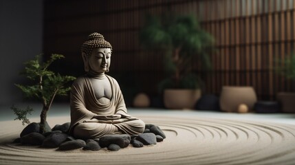 AI Generative. Discover Blissful Serenity in 'Buddha's Haven': A Captivating Zen Garden Photography Masterpiece