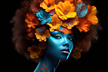 A young african woman with colorful makeup sits in a dark room, inspired by pop art and flower power with dark orange and light azure tones. Perfect for contemporary design. Generative AI