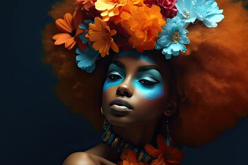 A young african woman with colorful makeup sits in a dark room, inspired by pop art and flower power with dark orange and light azure tones. Perfect for contemporary design. Generative AI