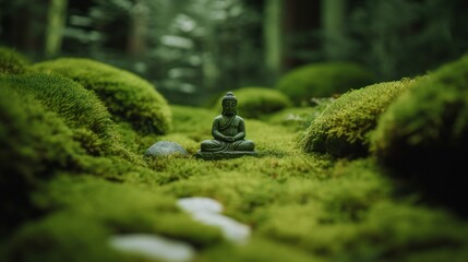 AI Generative. Find Peace among the Moss: Capturing the Tranquility of A Zen Garden with MossCovered Buddha Statue