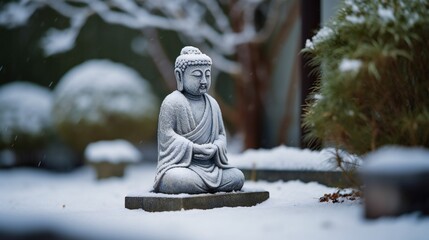 AI Generative. Captivating Zen Garden Photography of the Enchanting Snowy Stone Statue 