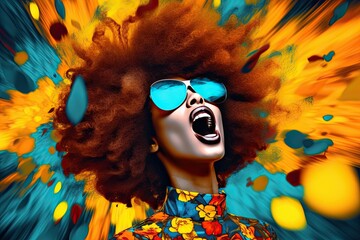 African American woman with voluminous afro hair in a pop art style with bold color contrasts of dark cyan and yellow. Perfect for graphic design projects. Generative AI