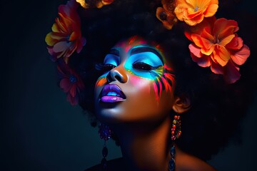 Naklejka premium A young african woman with colorful makeup sits in a dark room, inspired by pop art and flower power with dark orange and light azure tones. Perfect for contemporary design. Generative AI