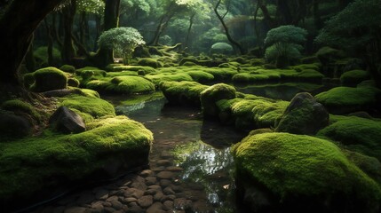 AI Generative. Flowing Serenity: Capturing the Tranquil Beauty of a Zen Garden with a Stream and Lush Moss