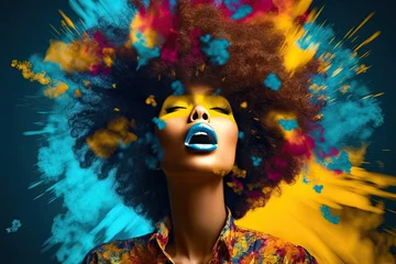 African American woman with voluminous afro hair in a pop art style with bold color contrasts of dark cyan and yellow. Perfect for graphic design projects. Generative AI © Gelpi