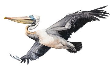 Fototapeta premium an isolated Pelican in flight, Coastal shores, Ocean air, Wildlife-themed, photorealistic illustration on a transparent background cutout in PNG. generative Ai