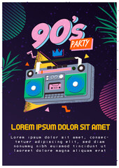 90's retro music party poster, banner or invitation card with retro colored tape radio boombox player on dark background. Nineties party, techno dance show promotion illustration in flat style.