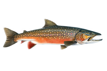 Fototapeta premium an isolated Brook Trout, river rocks, outdoor sport, fly fishing, lure fishing, fishing-themed, river stones, photorealistic illustration on a transparent background cutout in PNG. generative AI