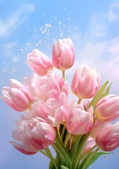 bouquet of pink flowers with pink tulips and blue sky