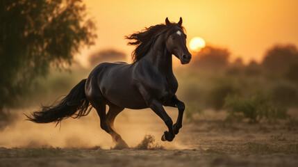 Obraz na płótnie Canvas Beautiful stallion horse running in front of the down going sun as a symbol for power strength and maleness. Generative AI.