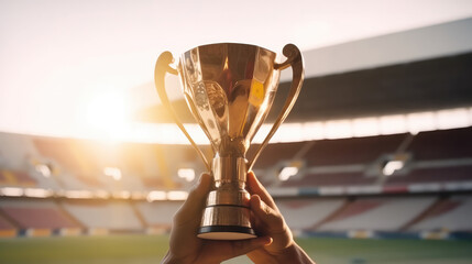 Two hands holding up a golden trophy in front of a soccer stadium under the warm golden light of the sun as a symbol for the winner. Generative AI.