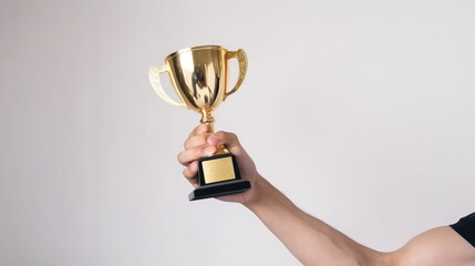 Singel golden trophy in the hand of a man isolated on white background. Generative AI.