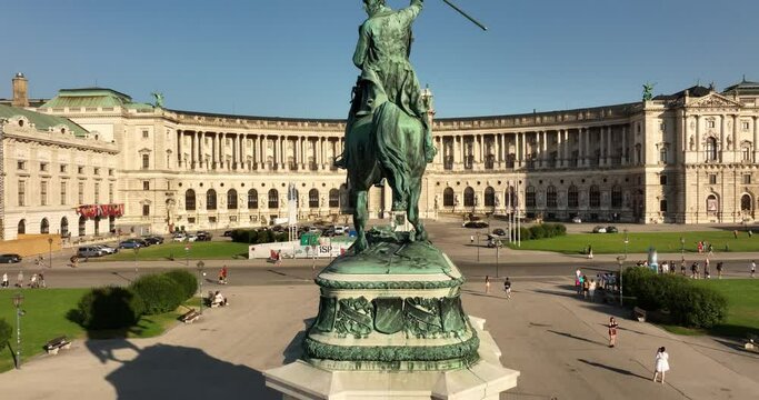 Vienna, Austria. Hofburg Palace. Prince Eugen. Flight over the city of Vienna. Aerial View of Imperial Palace Hofburg and Statue of Prince Eugene of Savoy, Vienna Wien, Austria.