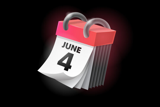 June 4 3d calendar icon with date isolated on black background. Can be used in isolation on any design.