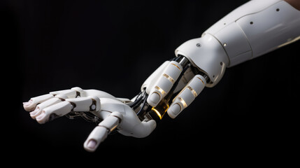 Close up of the hand of a white robot in front of black background as a symbol for cyborg technology. Generative AI.