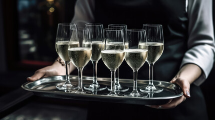 Obraz premium Waitress holding a serving tray with some glasses on top filled up with a sparkling drink in front of the bode to serve. Generative AI.