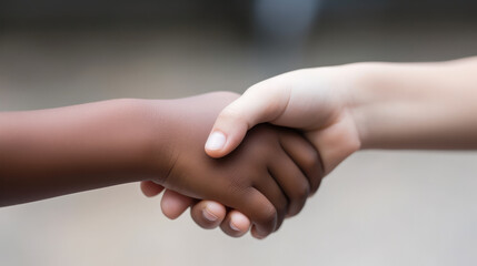 Close up of the hands of two children. They are shaking the hands as friends. Generative AI.