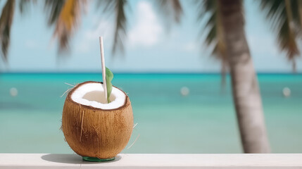 Opened coconut fruit with a drinking straw inside standing at the beach in front of the blue ocean under palm trees as a symbol for holidays. Generative AI.