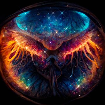 The interior of the cosmic womb in its first stages of development. Cosmic being. Illustration wall art. Digital painting. Generative AI.