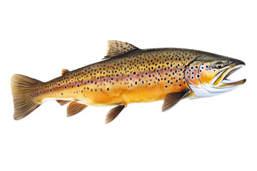 Fototapeta premium an isolated BrownTrout, river rocks, outdoor sport, fly fishing, lure fishing, fishing-themed, river stones, photorealistic illustration on a transparent background cutout in PNG. generative ai