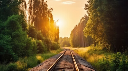 Warm orange light of the sun in the evening over a railroad in the middle of the nature. Generative AI.