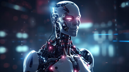 Fototapeta premium Cyborg with glowing eyes with a futuristic background. Generative AI.