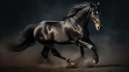Obraz na płótnie Canvas Black stallion in front of black background as a symbol for power and streng. Generative AI.