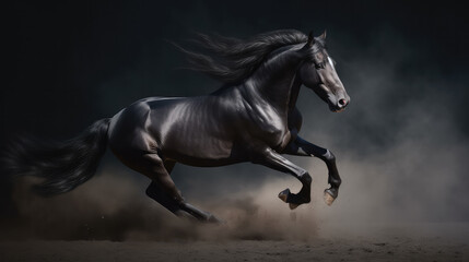 Obraz na płótnie Canvas Black horse as a stallion running and jumping in front of a black background as a symbol for power and strength. Generative AI.