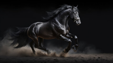 Naklejka na ściany i meble Black stallion hourse running in front of a black background as a symbol for power. Generative AI.