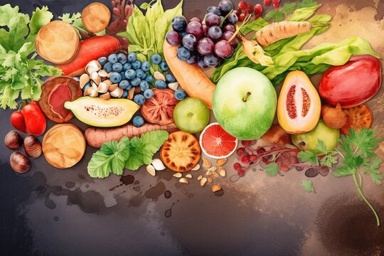 ripe and juicy fruits and vegetables background, watercolor -Ai

