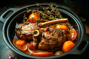 Mouth-watering lamb shoulder roast with apricots carrots onions and thyme in cast Dutch oven. Traditional African Moroccan cuisine dish specialty for family dinner holiday celebrations © olindana