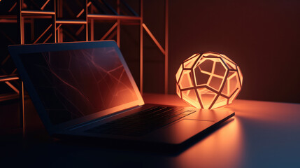 Opened running laptop beside an orange glowing cubisphere as a futuristic background with technological elements. Generative AI.
