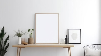 Some picture frames woth work space standing on a wooden sideboard. Generative AI.