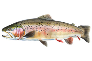 an isolated RanibouwTrout, river rocks, outdoor sport, fly fishing, lure fishing, fishing-themed, river stones, photorealistic illustration on a transparent background cutout in PNG. Generative AI