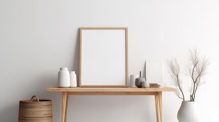 Picture frame with white background standing on a wooden sideboard. Generative AI.