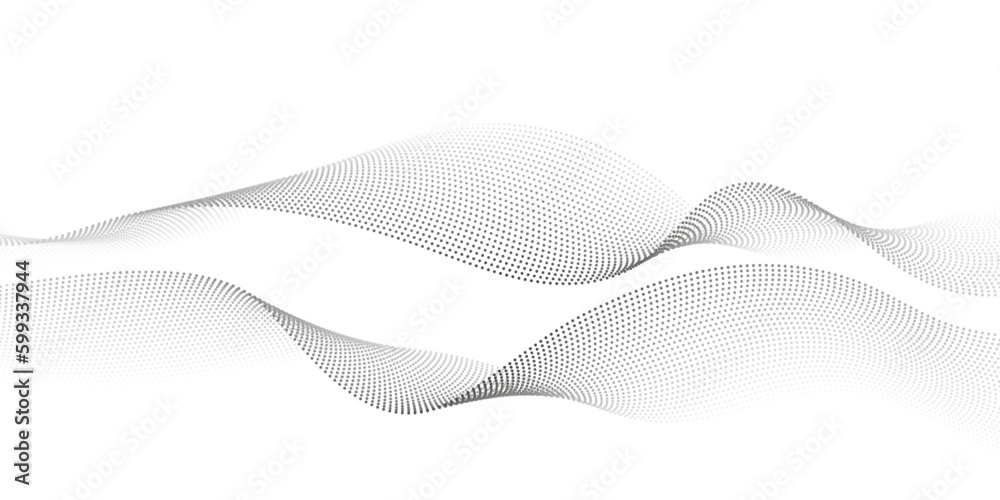 Leinwandbilder Flowing dots particles wavy pattern in halftone gradient curve shape isolated on white background. Vector concept of science, music, AI technology.
