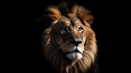 Fototapeta na wymiar Portrait of a beautiful male lion in front of black background. Generative AI.