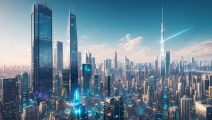 Digital illustration of a city with skyscrapers, generative AI