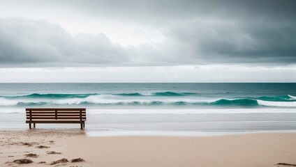 Fototapeta premium Wooden bench on a sandy beach, generative ai