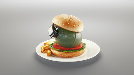 Junk Food enhancing the risk of cancer. Hamburger with Grenade. Unhealthy or Dangerous Food Concept. 3d rendering