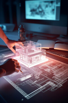 Architectural drawings of a family house on the drafting table are turned into a 3D holographic model with the help of the augmented reality service. Modern architecture. minimum. made with ai