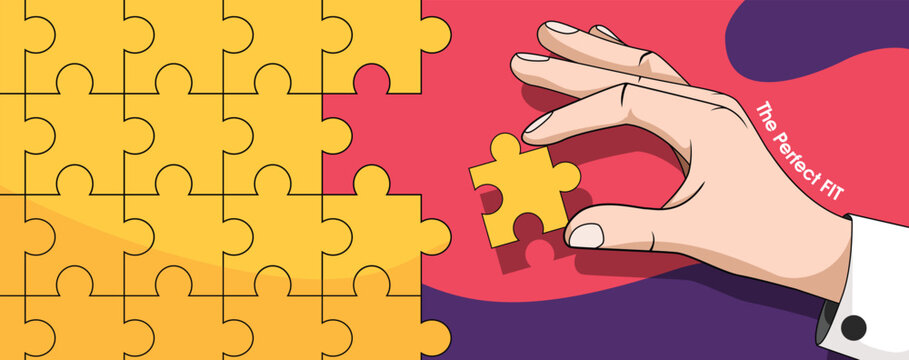 Human hand putting the last piece of the jigsaw together to complete the picture. Vector design can be used for advertising and presentations for leadership, problem solving skills and what not.